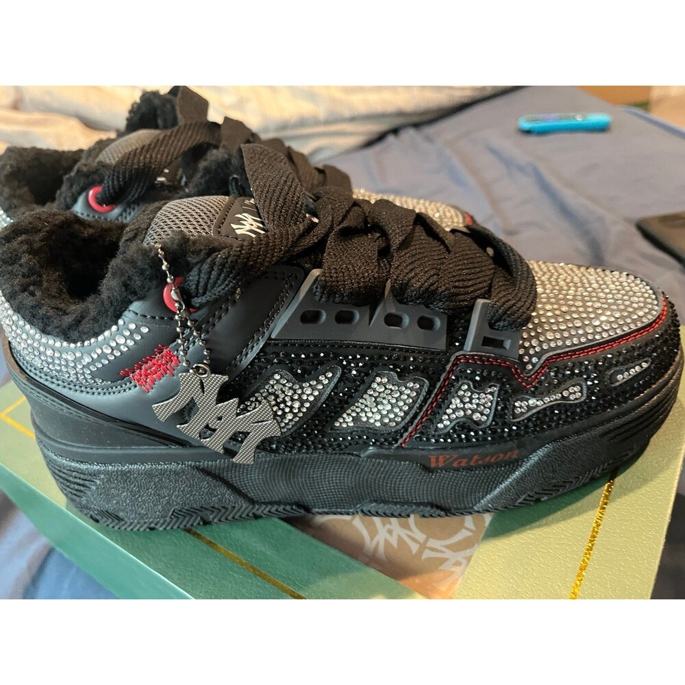 Watson Chunky Bones Sneakers Charcoal Black Rhinestone Fur Shoes Men’s